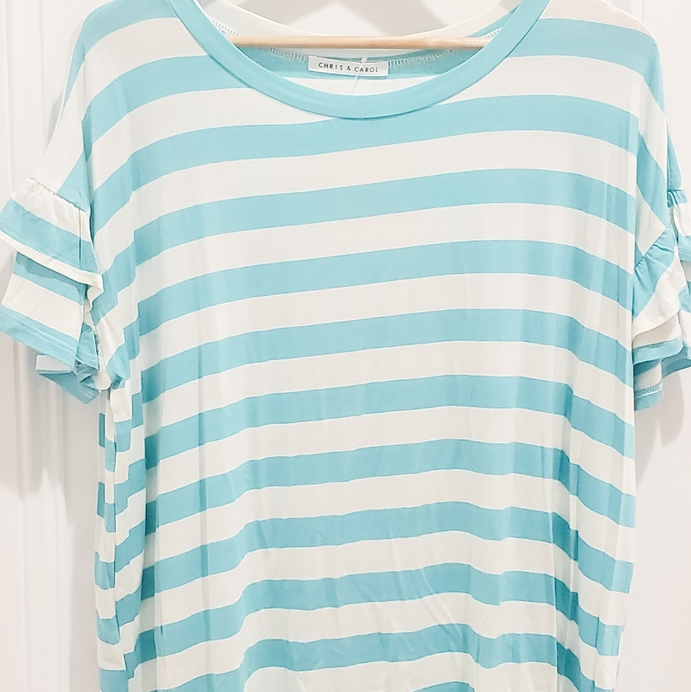 Ivory & Teal Ruffle Sleeve Top